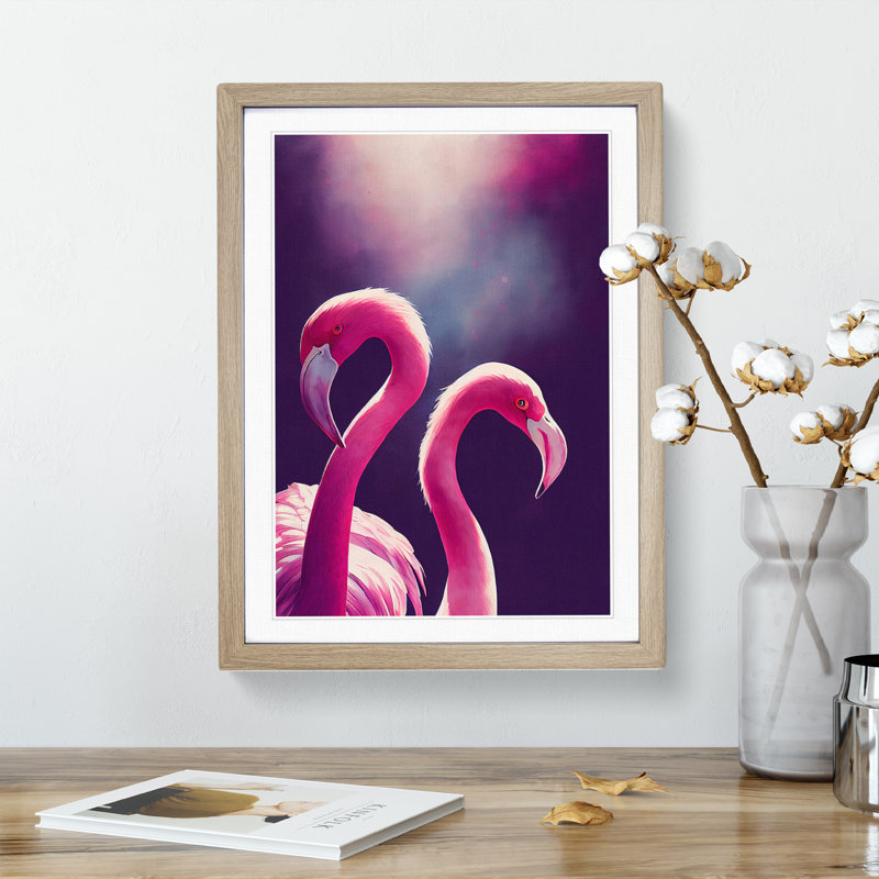 Two Flamingos - Framed Print, 34cm H x 25cm W x 2cm D, Oak Framed