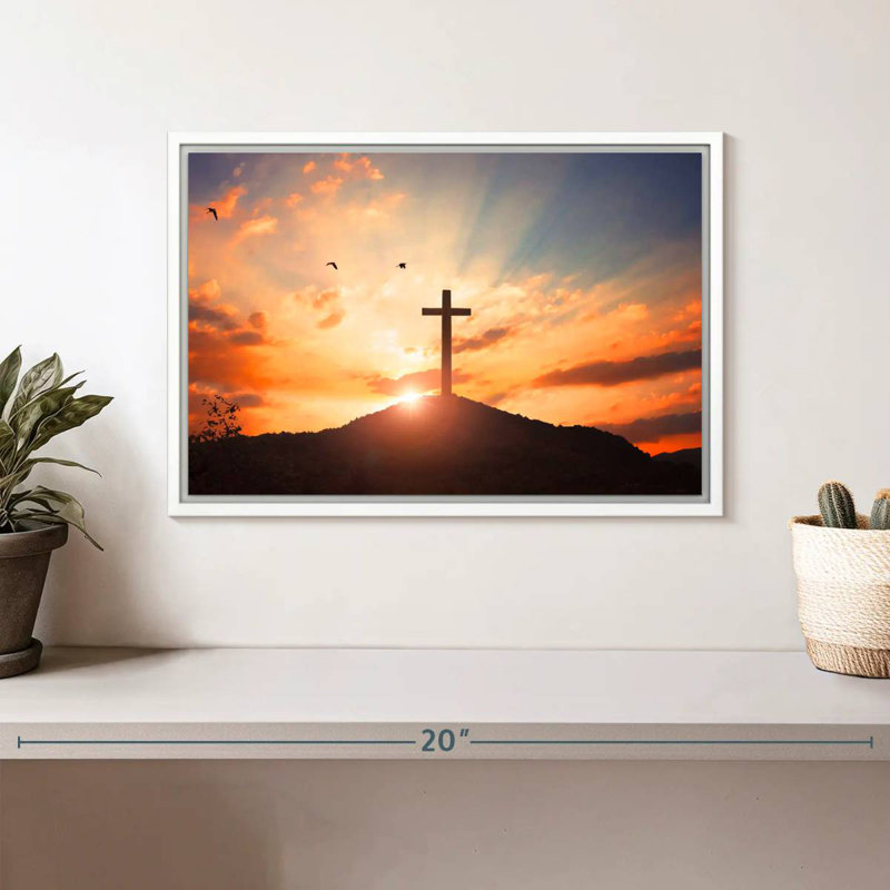 Croix au soleil couchant, Cadre flottant blanc, 13 po x 9 po