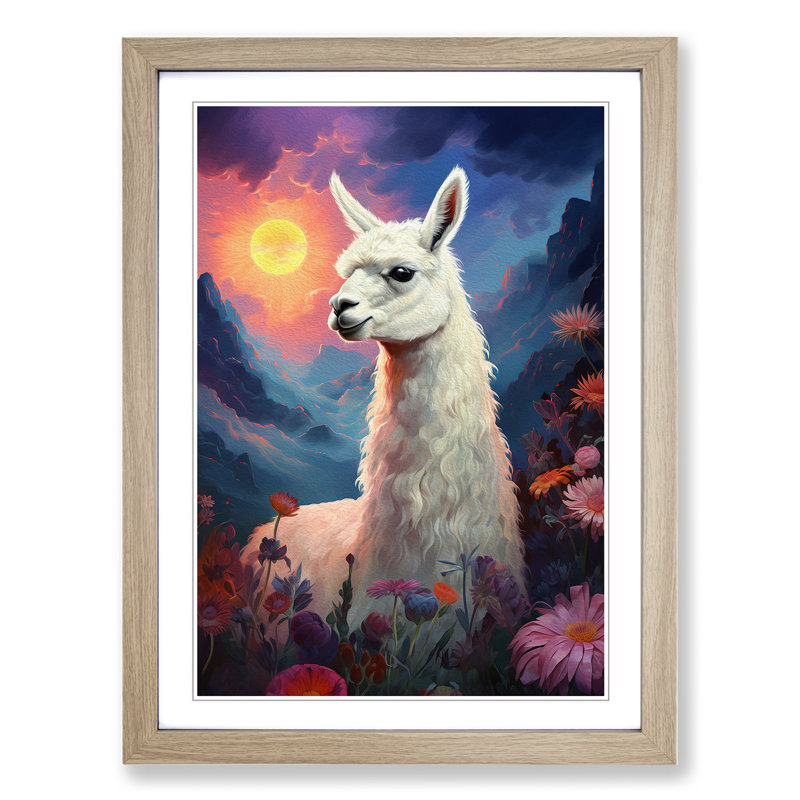 Llama Romanticism No.2 - Single Picture Frame Print on Wood, Oak Framed, 46cm H x 34cm W x 2cm D