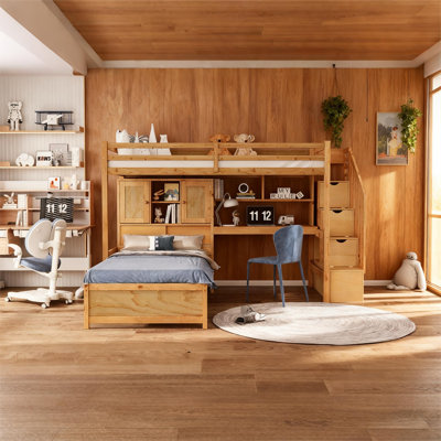 Lit mezzanine simple au-dessus de simple avec escalier, bureau intégré, tête de lit et tablettes - Lit superposé en bois de pin avec compartiments de rangement
