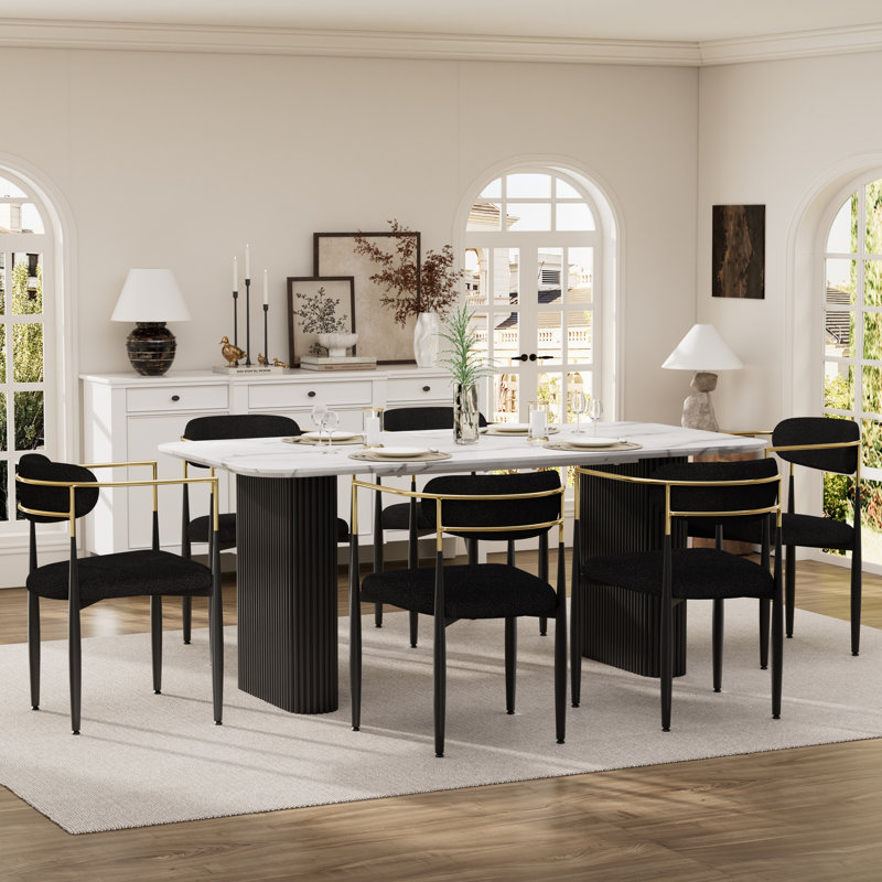 Marble MDF Top Dinning Table Set for 4-6, 7 Pieces: Table, 6 Chairs, Black, Black