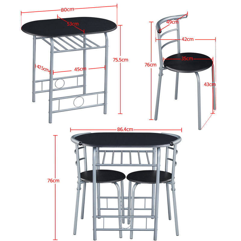 2 - Person Dining Set, Black/Silver, 80 cm L x 53 cm W x 75.5 cm H