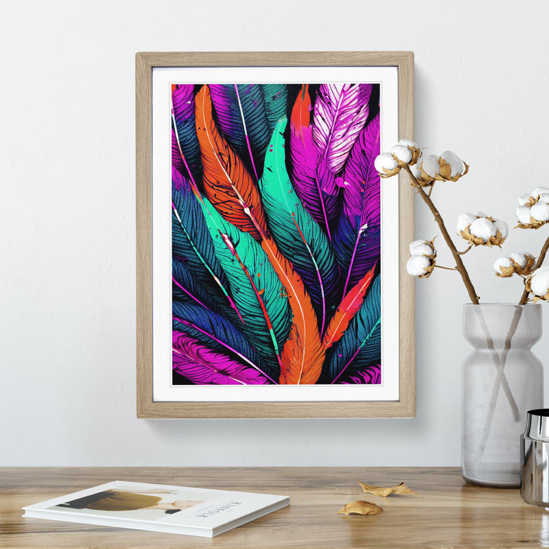 Splashed Feathers No.2 Abstract - Wall Art, 48cm H x 36cm W, Oak Framed, White