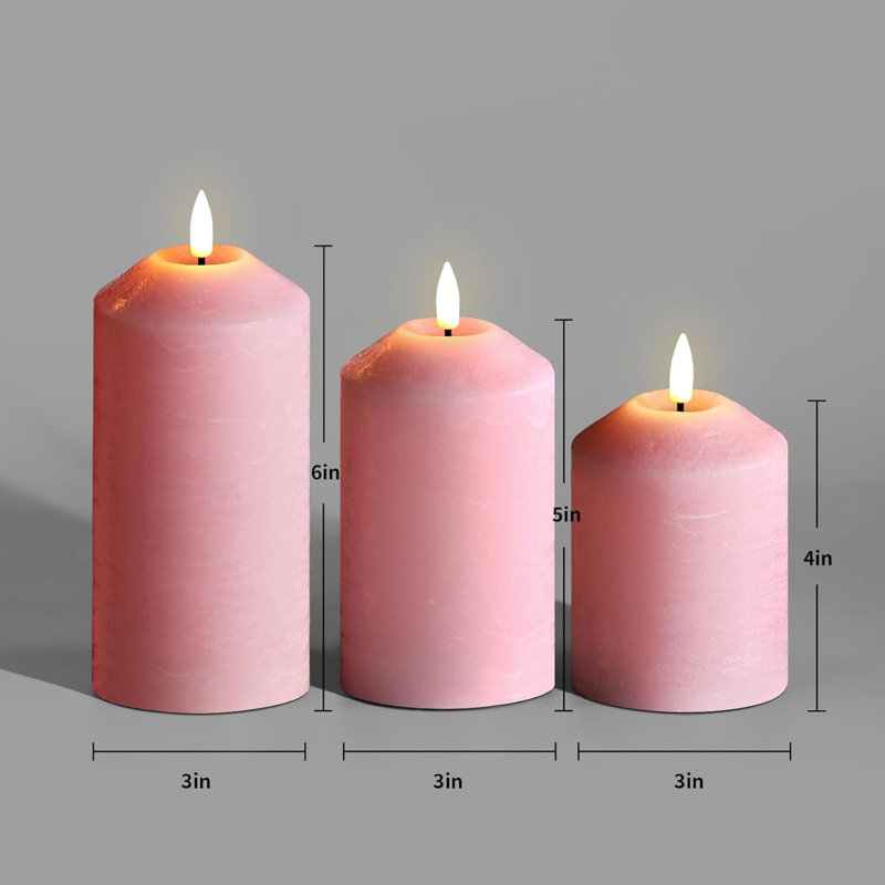 3 Pack Pink Flameless Pillar Candles with Remote: Real Wax, Flickering, Battery-Operated LED Candles