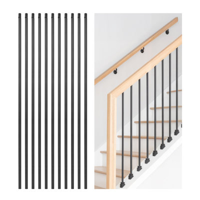 Barreaux d'escalier carrés en acier noir mat, paquet de 11, 44 po x 0,5 po, broches creuses en fer avec trous pré-percés pour rampe intérieure