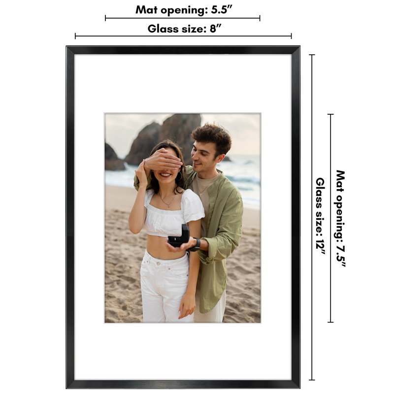 Cadre photo Cadre en aluminium Americanflat - Cadre avec passe-partout - Verre résistant aux chocs, 8 po x 12 po, Noir