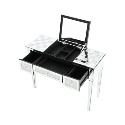 Mirrored Glass Console Table With Checkerboard Design And Diamond Inlay. Convenient For Morning Beauty Routine. Great Bedroom Decoration Makeup Desk Cushioned Hidden Mirror. Versatile Different