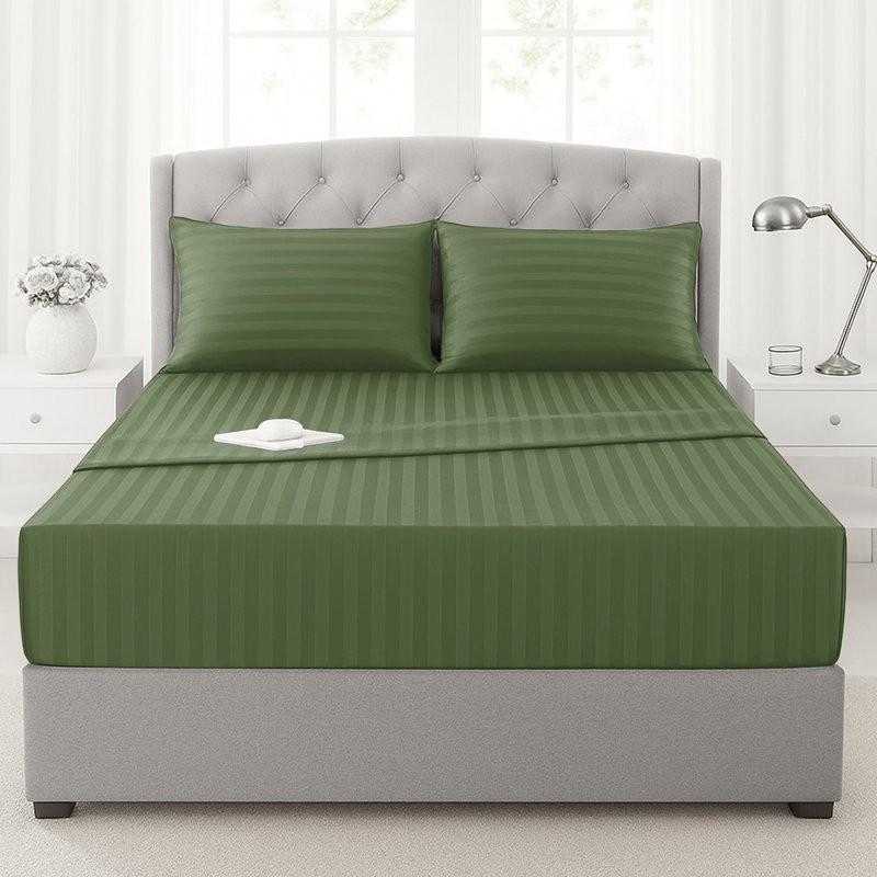 200 Thread Count Microfibre Stripe Fitted Sheet 40cm, Super King (6'), Olive Green