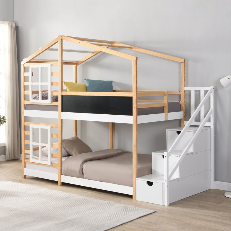 Lit superposé simple multifonctionnel avec rangement, structure en bois, style maisonnette