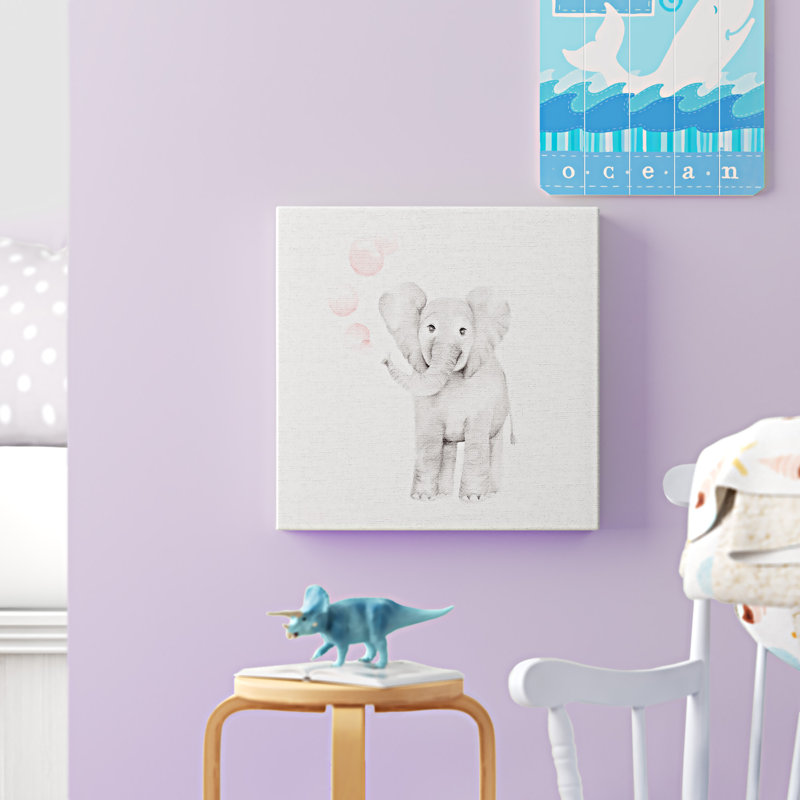 «Baby Elephant Bubbles», impression en lin rose, H 17 po x l 17 po, Toile tendue