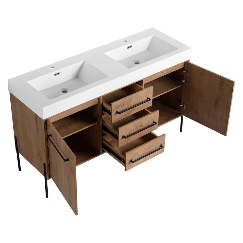 Meuble-lavabo autoportant de 60 po avec lavabo double en résine blanche et 2 portes d'armoire à fermeture en douceur et 3 tiroirs ((KD-PACKING)