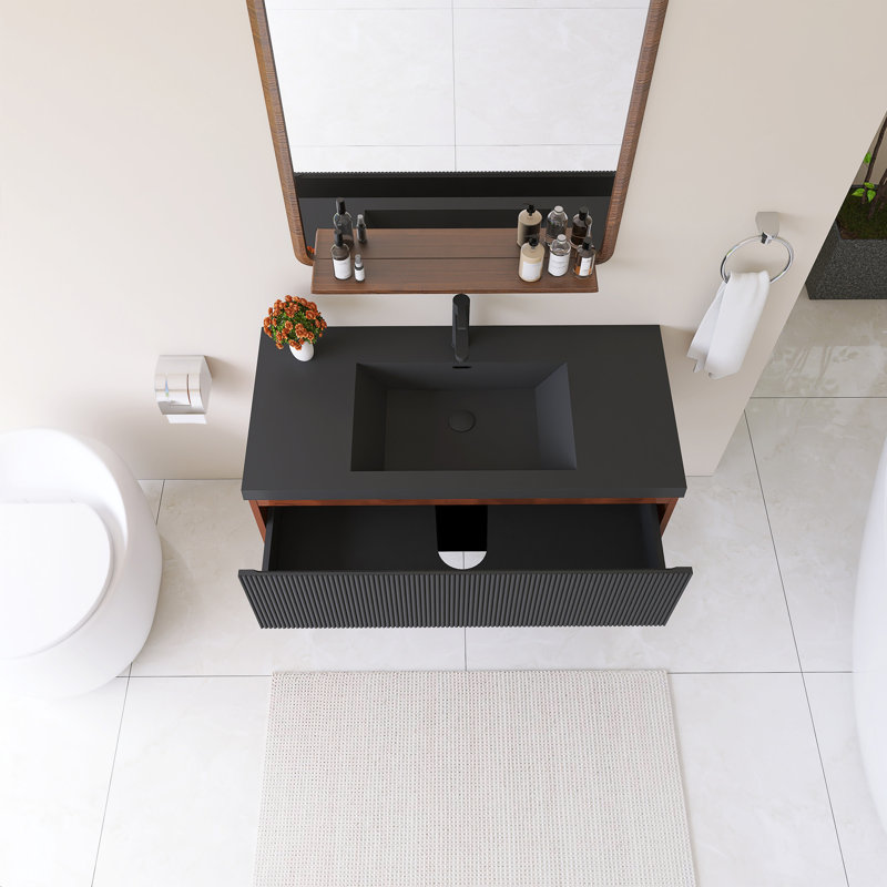Meuble-lavabo mural simple 42 po avec lavabo en quartz noir, 42"