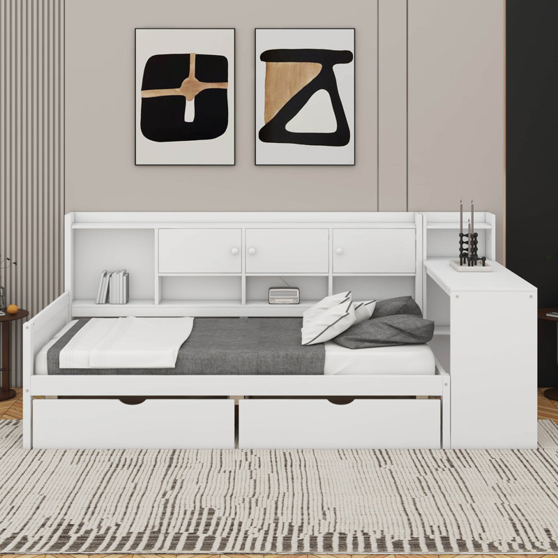 Lit de jour simple avec rangement 3 armoires et 2 tiroirs, Blanc