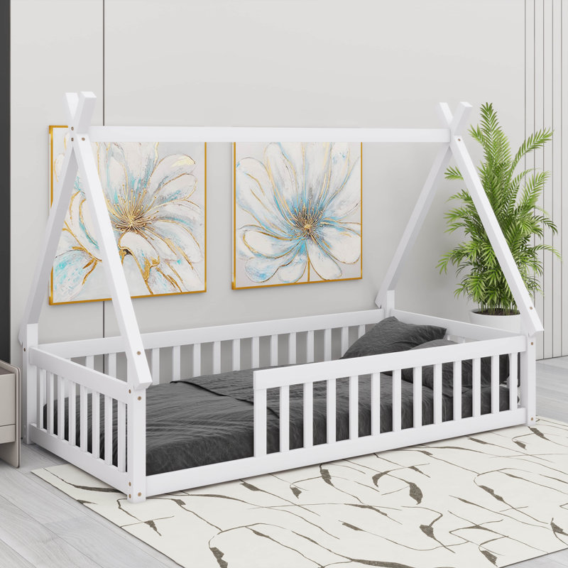 Lit simple en forme de tente, lit tipi avec garde-corps, gris