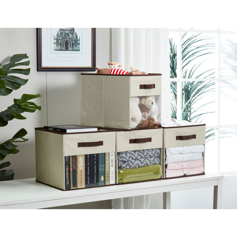 Fabric Storage Bin Set With Clear See-Through Window (Set Of 4), Beige