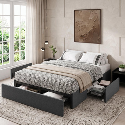 Upholstered Platform Bed Frame with 3 Storage Drawers, Wooden Slat Support, No Box Spring Needed, Low Profile, Easy Assembly - Full, Imitation Linen Dark Gray