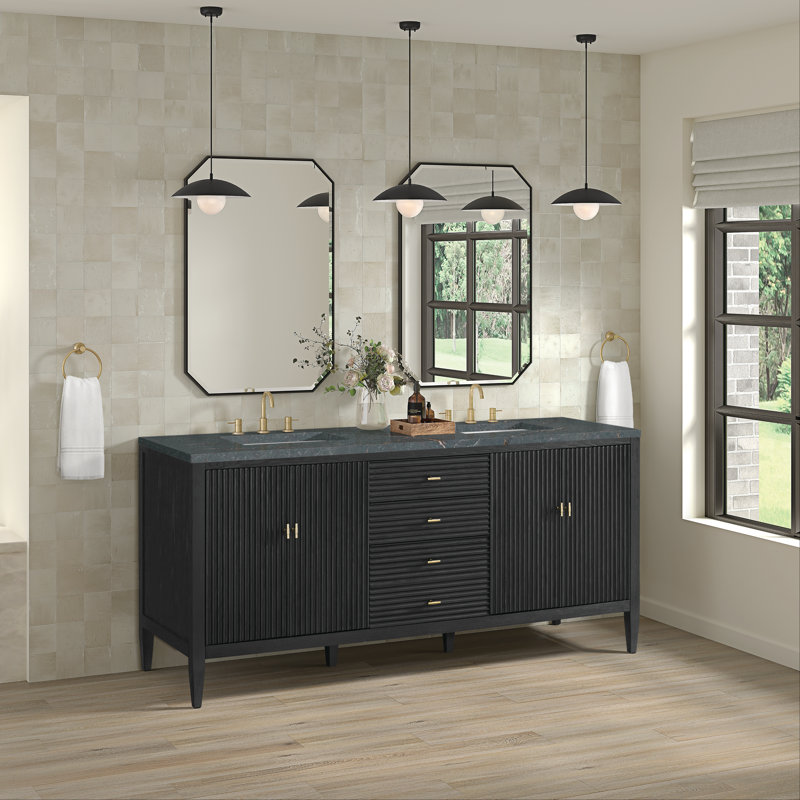 Myrrin 72'' W Double Vanity, Carbon Oak, Parisian Blue, 8" Widespread