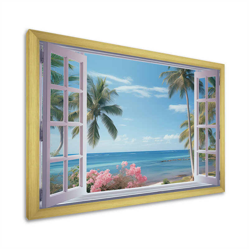 Vue sur l'océan tropical à travers une fenêtre blanche ouverte - art mural sur toile côtière, H 12 po x l 20 po x P 1 po