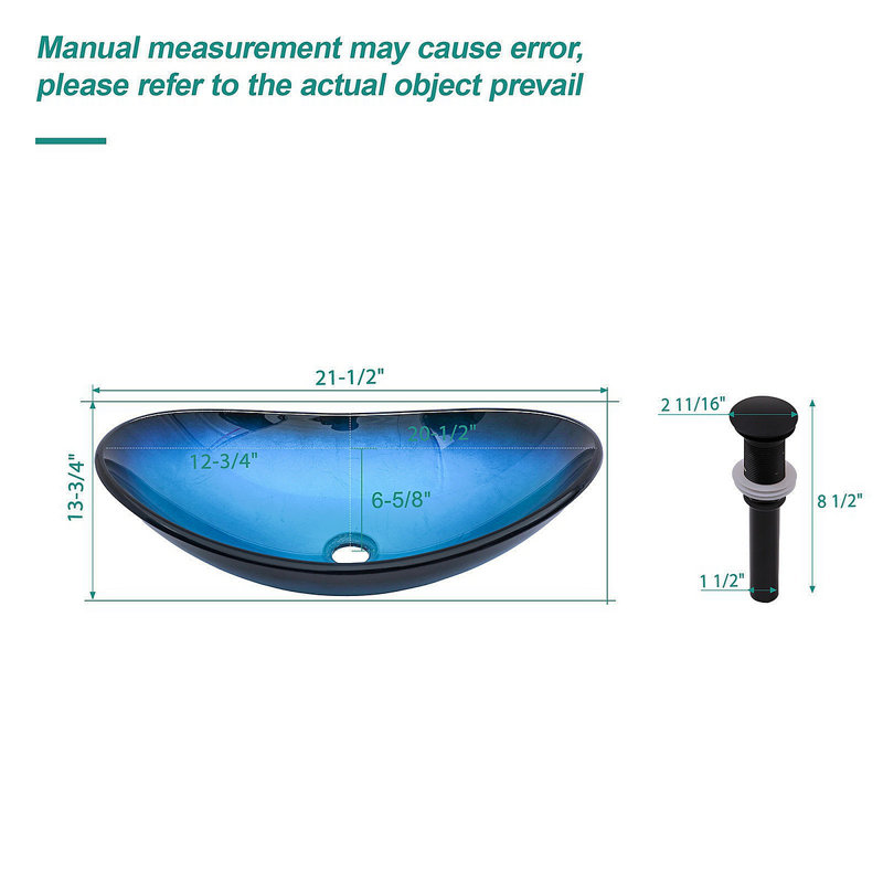 Bathroom Artistic Tempered Glass Blue Vessel Bathroom Sink Pop-Up Drain, Blue Boat Shape Bathroom Sink Above Counter (No Faucet)