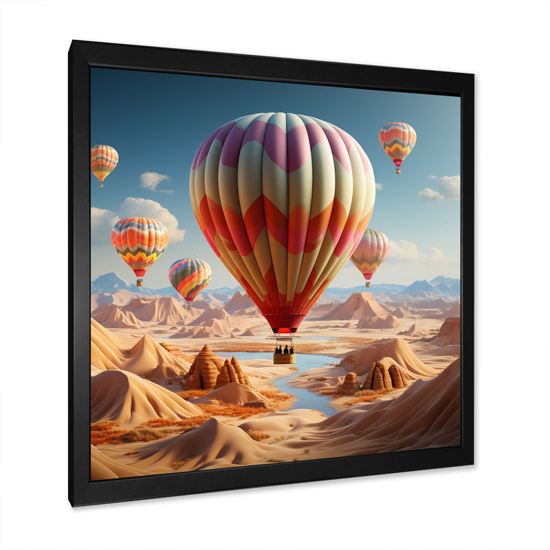 Reproduction sur toile d'une interprétation cubiste de montgolfières dans le désert, Cadre simple noir