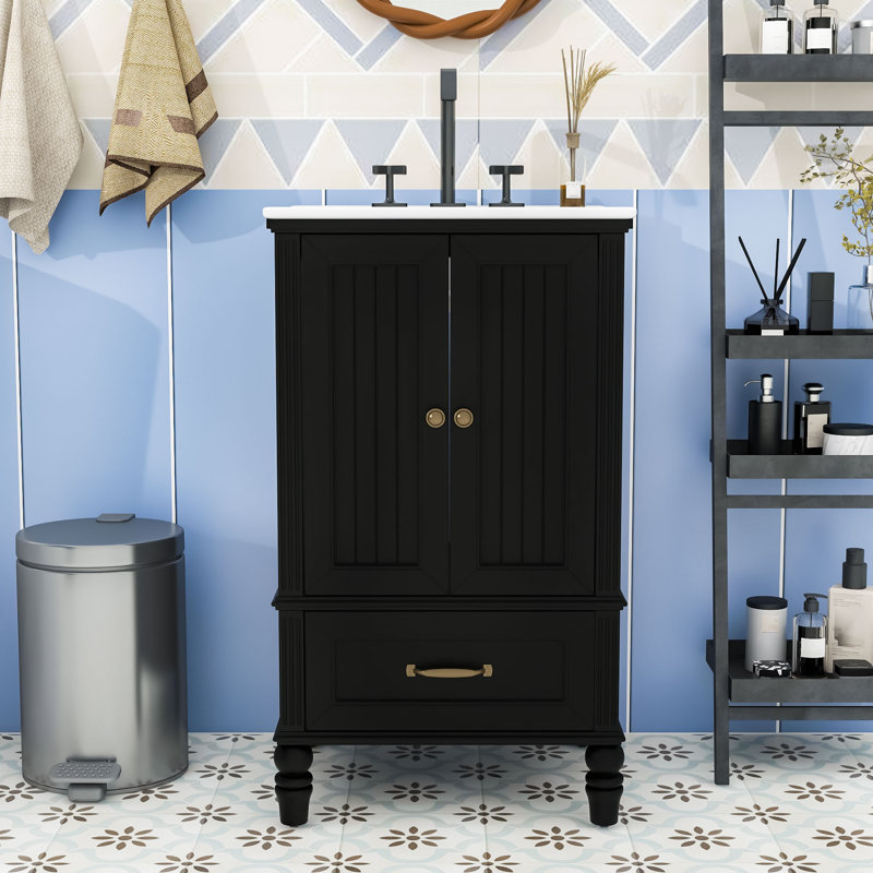 Meuble-lavabo à tiroir avec lavabo en céramique et deux portes magnétiques, Noir et or