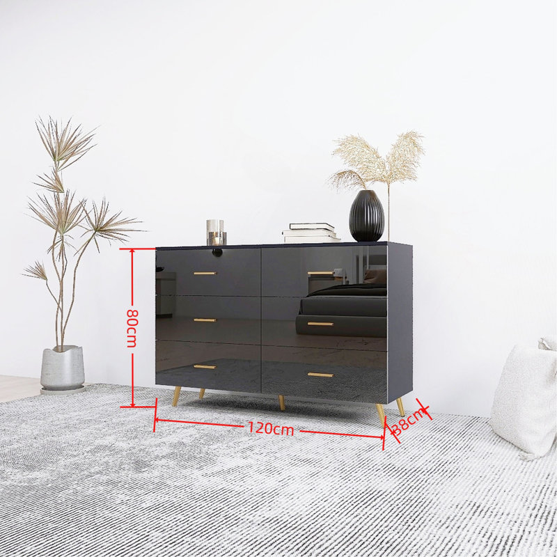 Commode 6 tiroirs très brillante avec poignée dorée et pieds en acier doré, Noir