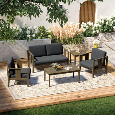 Polett Teak Outdoor Four-person Patio Set with Cushions and Two Tables