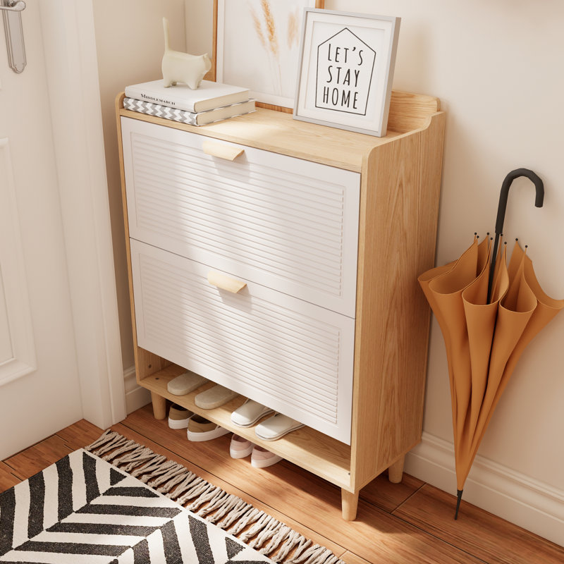 31.5 Inch Nordic Style Shoe Storage Cabinet With 2 Flip Drawers, Freestanding Organizer With Solid Wood Legs For Entryway, Narrow Shoe Rack Cabinet (White And Solid Wood Color Matched)