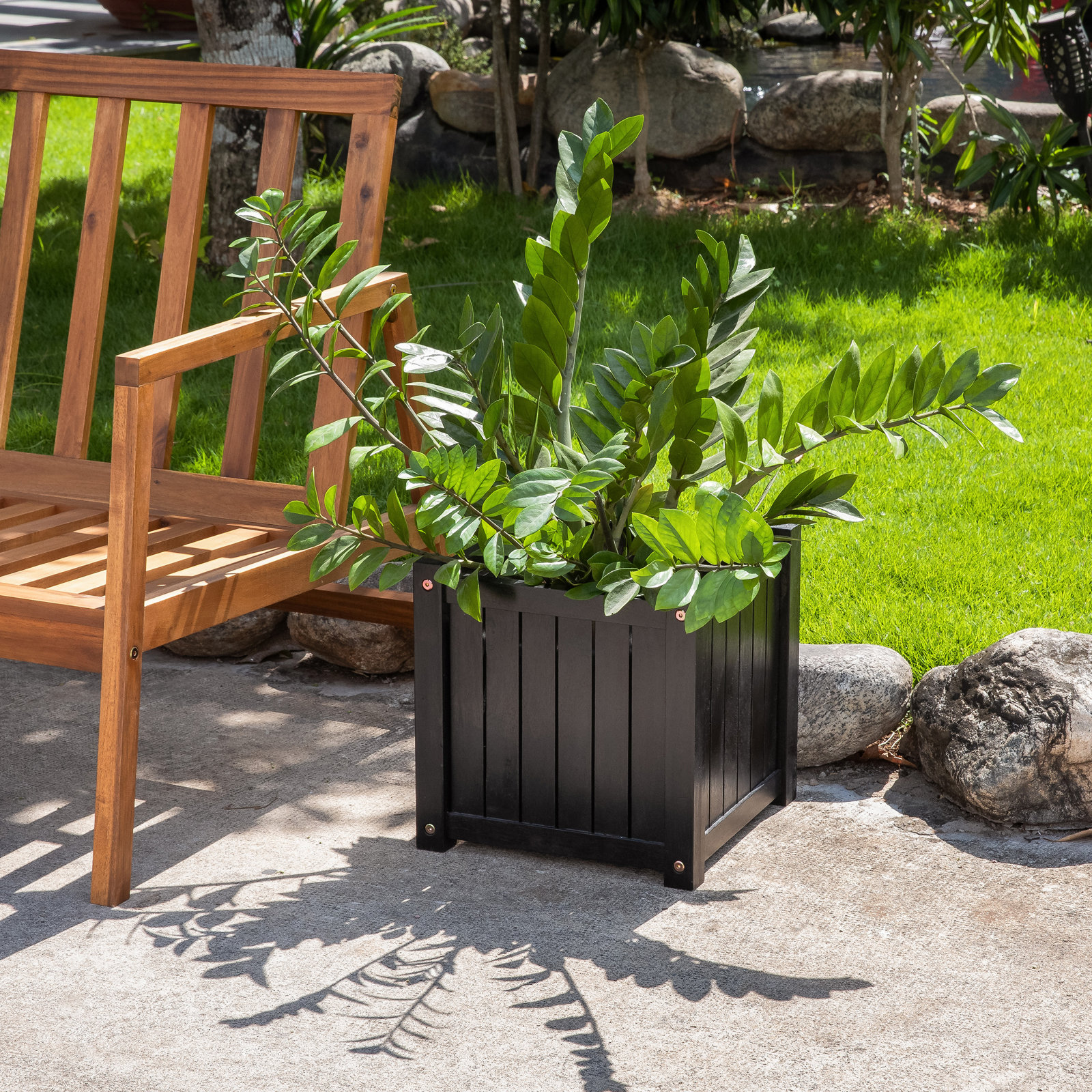 Morry 14" Acacia Wood Planter Box, Black