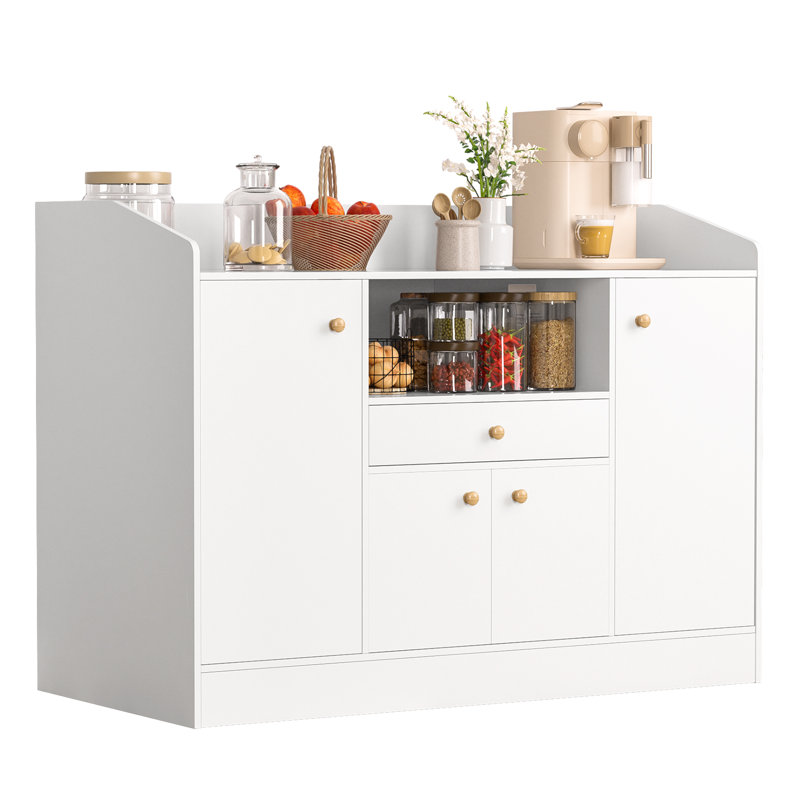 Buffet Modern Farmhouse, armoire de rangement à portes de grange avec tiroirs et tablettes, bar à café en bois avec rangement pour la cuisine, la salle à manger