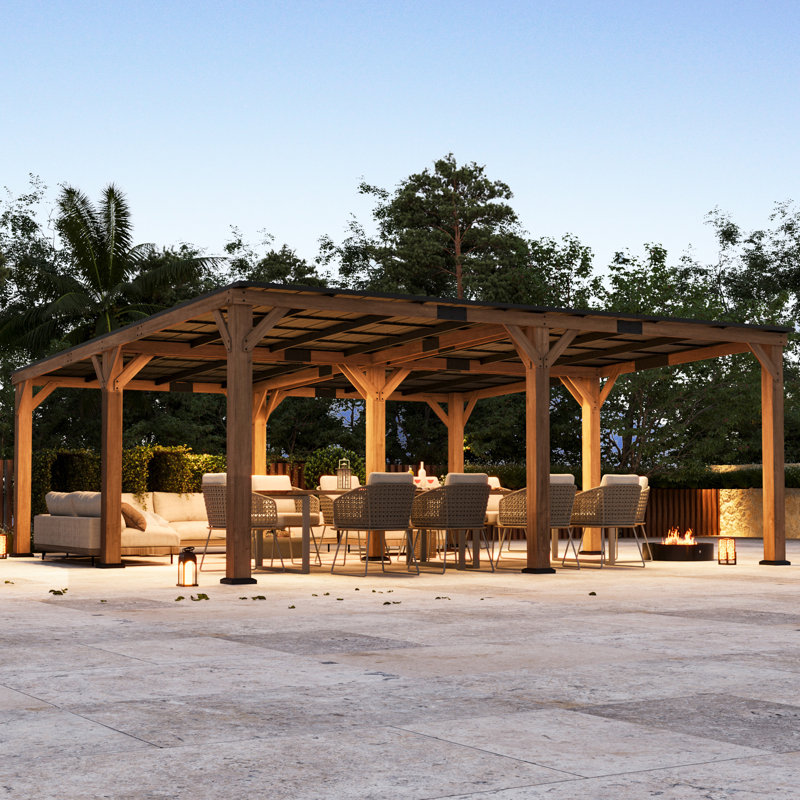 Maple 20 Ft. X 20 Ft. Premium Cedar Wood Patio Gazebo With Slope Hard Top Galvanized Steel Roof Pavilion,Using Storage, Party Chat And Grill