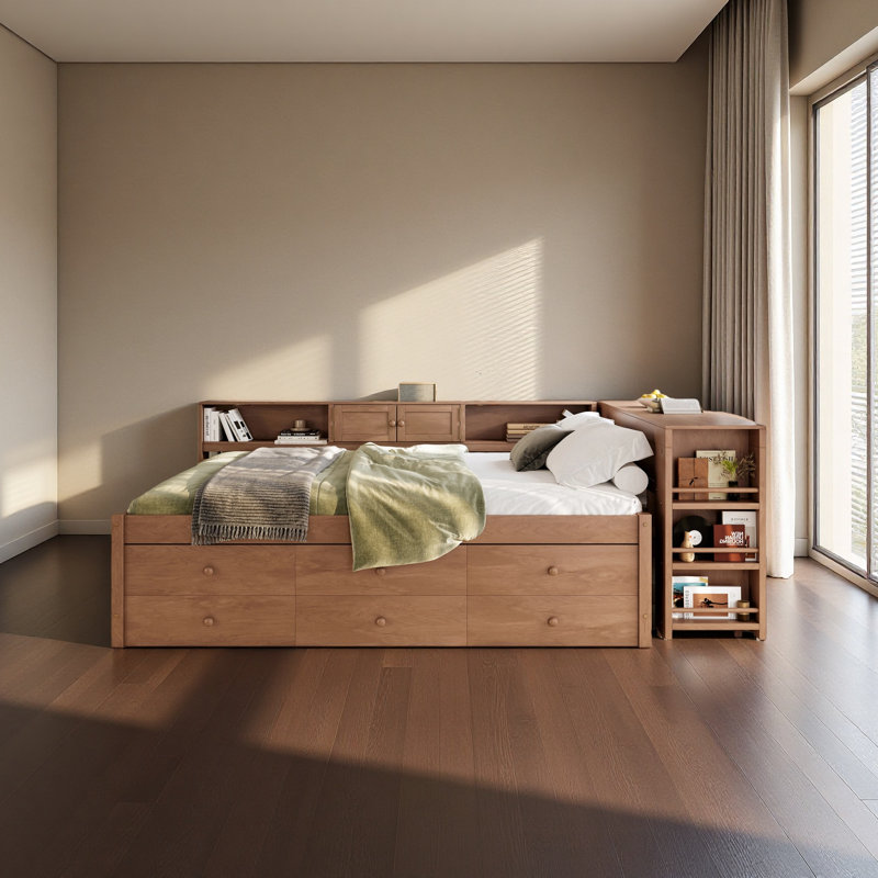 Daybed With Trundle,Wood Daybed Frame With Storage Drawers,Side Shelves And Desk, Full, Brown
