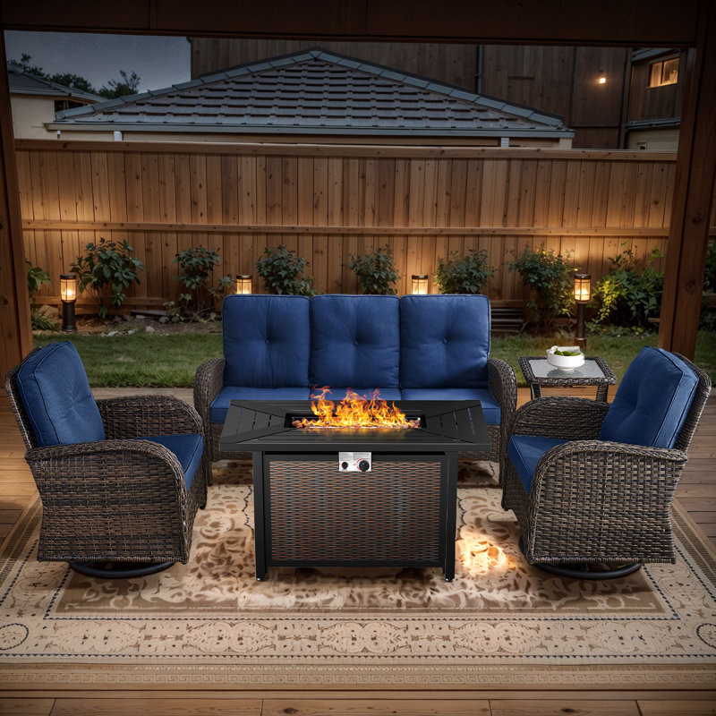 Aluel 5-Pieces Outdoor Wicker Patio Conversation Furniture Set with Rocking & Swivel Chairs and Rectangular Fire Pit Table with Windshield