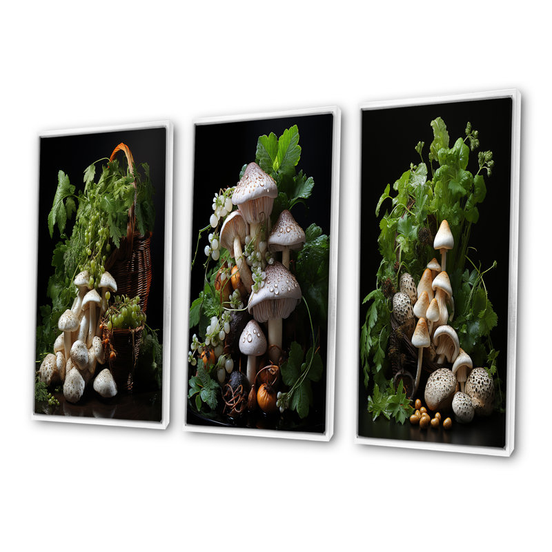 Photo de jardin d'un champignon I - ensemble de 3 décorations murales champignon, Cadre flottant blanc, H 40 po x l 60 po