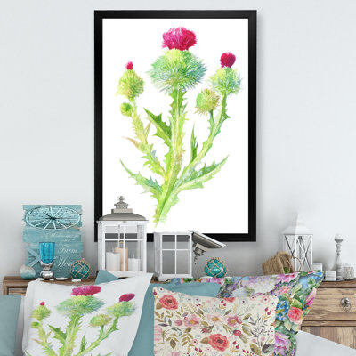 Fleurs de chardon rose sur fond blanc - décoration murale traditionnelle en toile