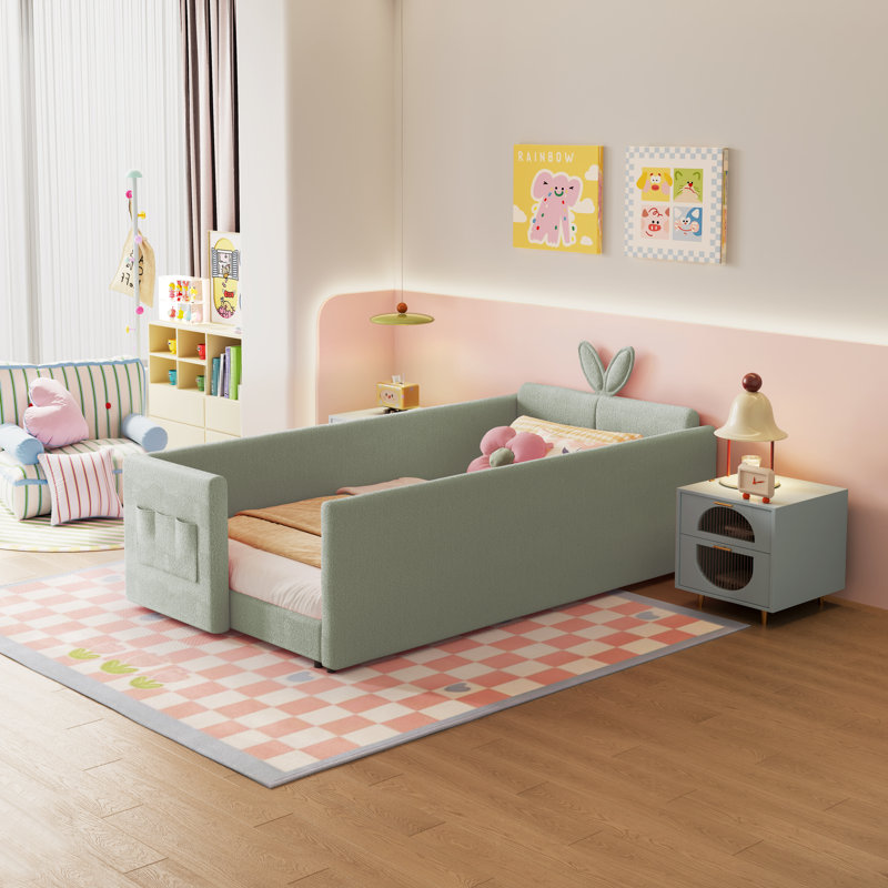 Twin Size Upholstered Platform Bed With Cute Rabbit Ear Shaped Headboard, Safety Rail, And Convenient Storage Pocket, Boucle Fabric – Perfect For Kids' Bedroom