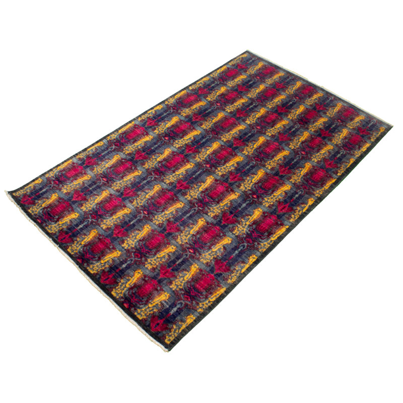 Tapis décoratif en laine de conception unique en laine noué à la main bleu marine/rouge foncé/jaune 6 pi x 9 pi 9 po Brufsky New Age Lahore