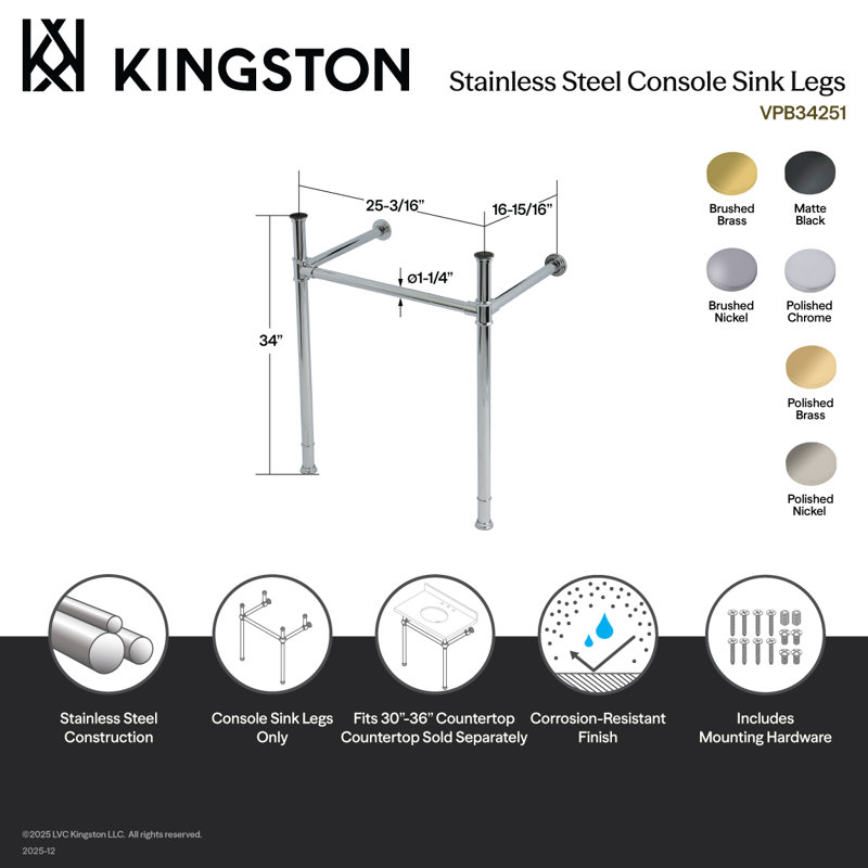 Kingston Brass Imperial Stainless Steel Console Sink Legs, Brushed Brass
