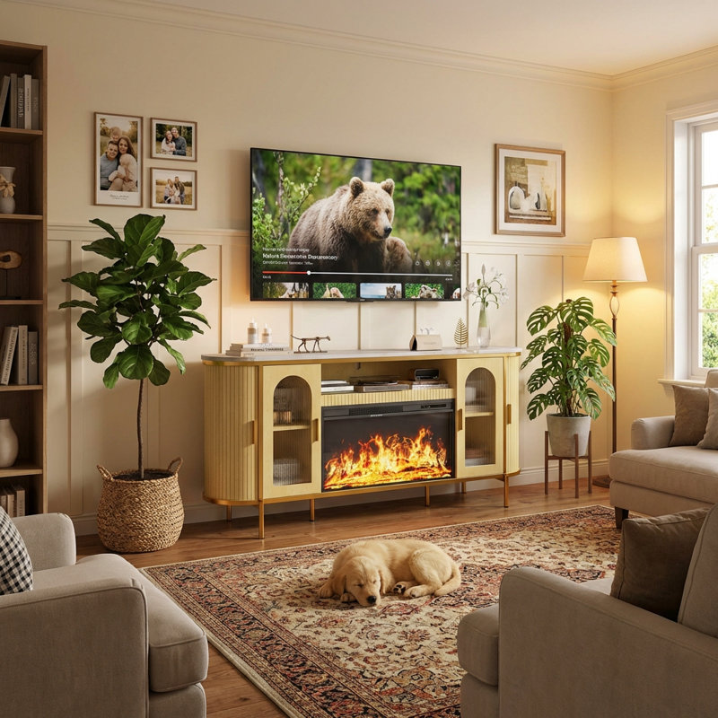Japandi 70" Oak Fluted Fireplace TV Stand With 30" Fireplace, Reeded Glass Sliding Doors & Adjustable Shelves - Media Console For Tvs Up To 80" Living Room