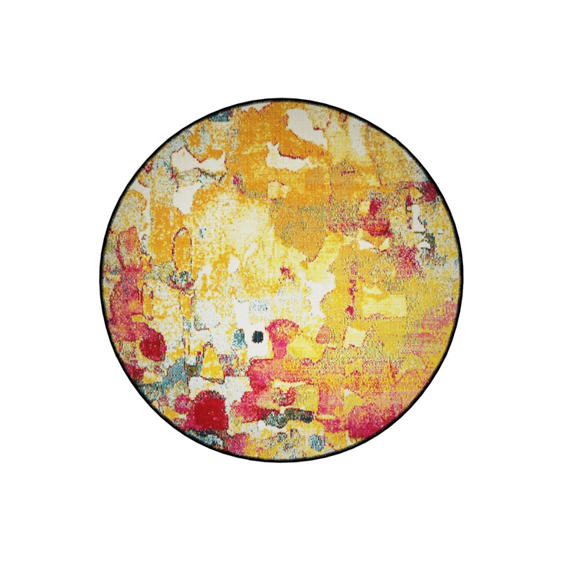Yellow Themed Abstract Patterned Round Woven Base Modern Decorative Carpet, Round 5'