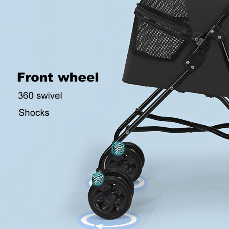 Black Foldable Pet Stroller with Mesh Ventilation & Cup Holder for Small Dogs & Cats