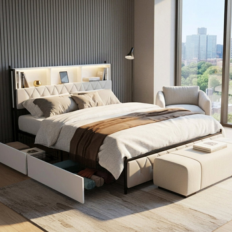 Upholstered Velvet Drawers Bed, Kingsize (5')
