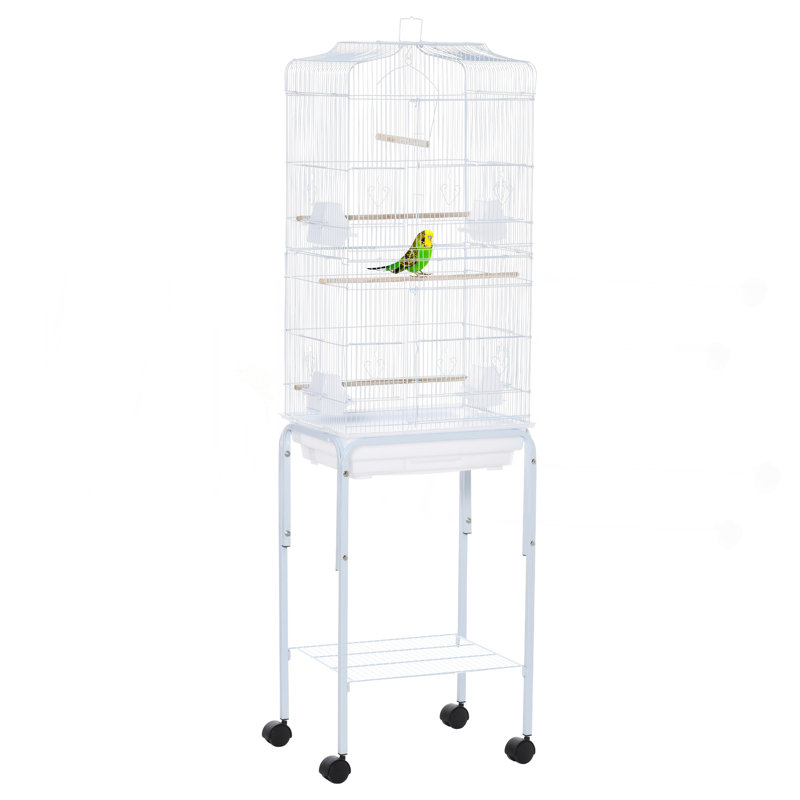Ensemble de démarrage de cage à oiseaux 60 po en métal avec support roulant amovible, panier de rangement et accessoires, blanc