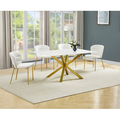 Ensemble de salle à manger rectangulaire en verre avec revêtement en marbre blanc avec chaises moelleuses