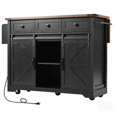 Farmhouse Kitchen Island With Power Outlet And Sliding Barn Doors, Spacious Storage And Drop Leaf For Versatile Use In Home And Dining Areas.