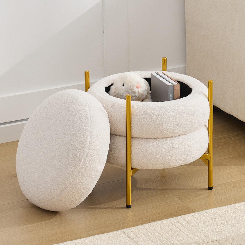 Round Storage Ottoman Multiuse Vanity Stool With Metal Legs, Beige Polyester