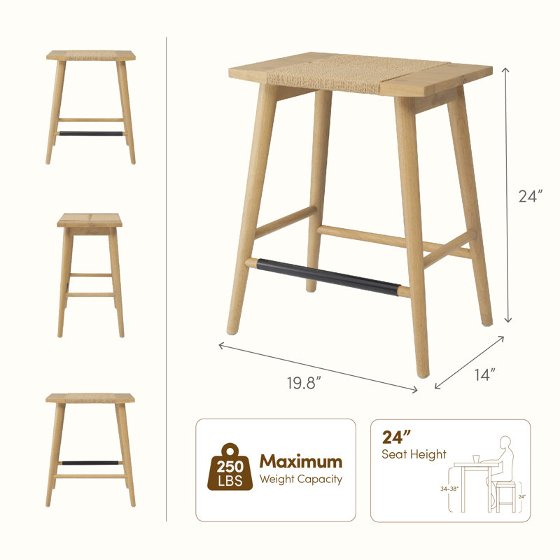 Tabouret de comptoir en bois massif 24 po AllForWood Thor Wicker Premium, ensemble de 2 tabourets sans dossier à hauteur de comptoir avec corde tricotée à la main, conception moderne écologique (chêne clair)