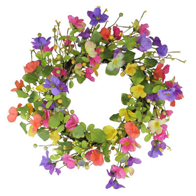 Wild Flowers and Berries Artificial Spring Twig Wreath Pink and Yellow - 20-Inch