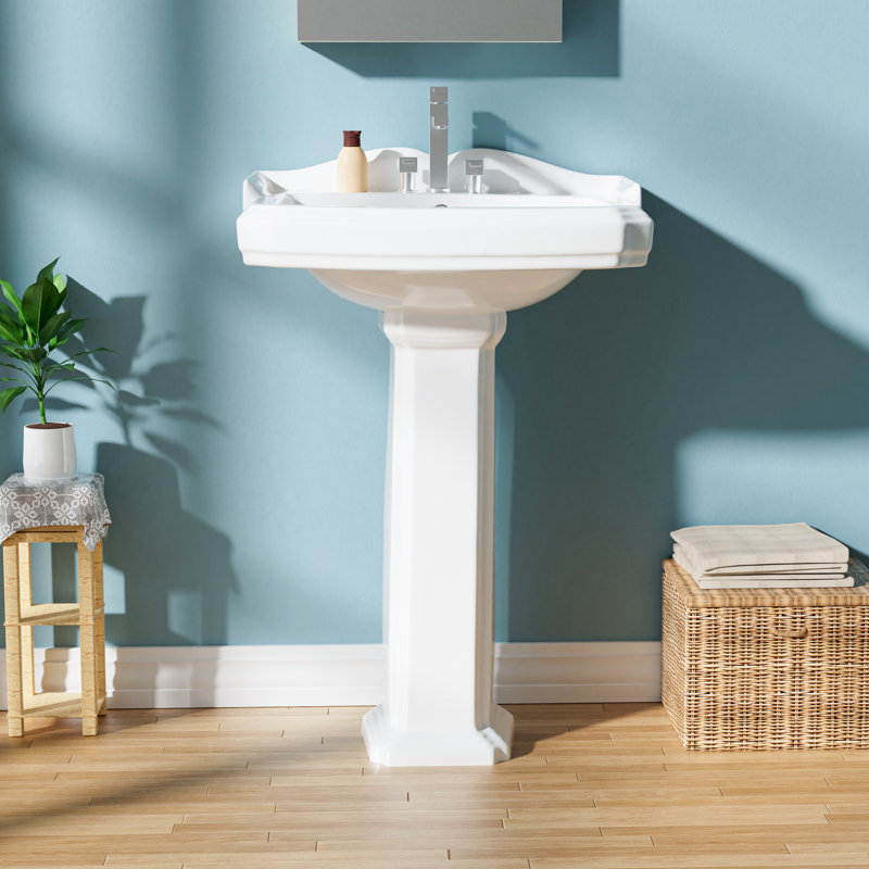 Ensemble de lavabo sur pied en porcelaine vitrifiée l 23 "x P 19" avec dosseret, 3 trous de robinet et trop-plein, blanc
