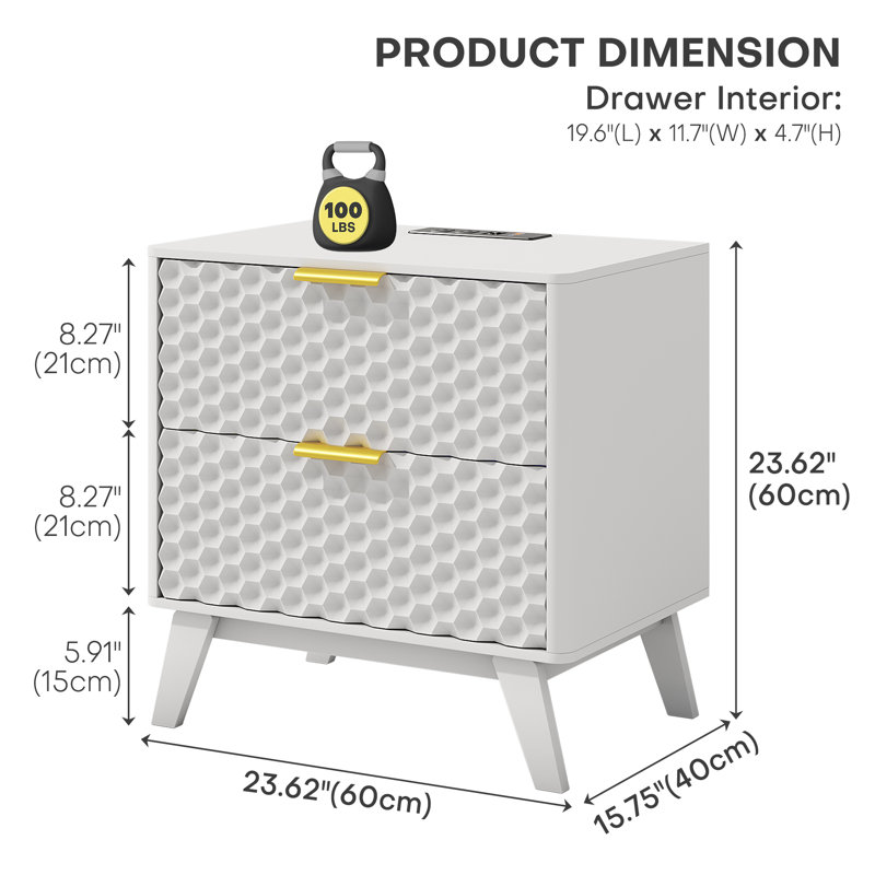 23.6'' W 2-drawer Nightstand With Built-in Outlets And Human Sensor Light, White